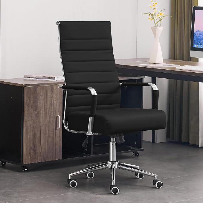 JOMEED Office Desk Chair,Conference Room Chair,High Back PU Leather Swivel | Modern Executive Ribbed Design, Ergonomic, Height Adjustable, Wheels and Arms, for Home Office(Black-Silver Frame)