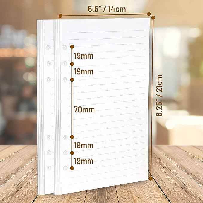 Wanderings Vintage A5 6-Ring Binder Lined Planner Inserts - 5.5" x 8.25" (14 x 21cm) - Thick Cream Color Lined 120 GSM Loose Leaf A5 Paper Refills Compatible with Filofax 6 Hole 100 Sheets, 200 Pages
