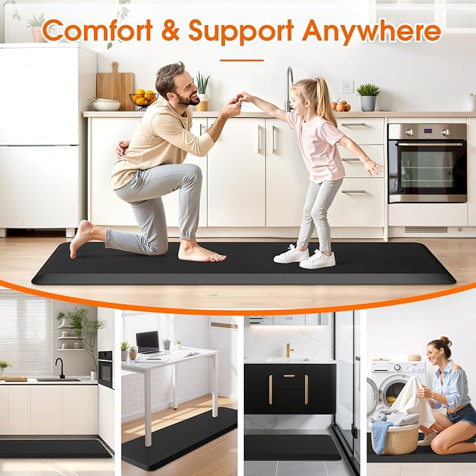 4/5 Inch Thicker Kitchen Mat, Cushioned Thick Floor Comfort Mat, with Non-Slip Bottom, Water & Stain Resistant, Easy Clean Standing Desk Mat for Kitchen, Sink, Office (17.3"x60"x0.8", Black)