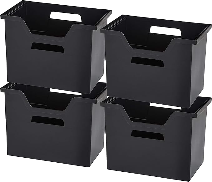 IRIS USA Large Portable Desktop File Box with Open Lid, 4 Pack, Side Handles, Hanging File Folders, Tabs & Inserts, Letter Size, Magazines, Newspapers, Mail, Books, Notebooks, Black