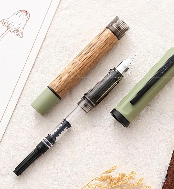 Jinhao 58 Natural Oak Wood Fountain Pen, Fine Nib Writing Pen (Green) | Handcrafted natural oak wood pen with converter. Elegant executive gift for journaling, sketching & calligraphy