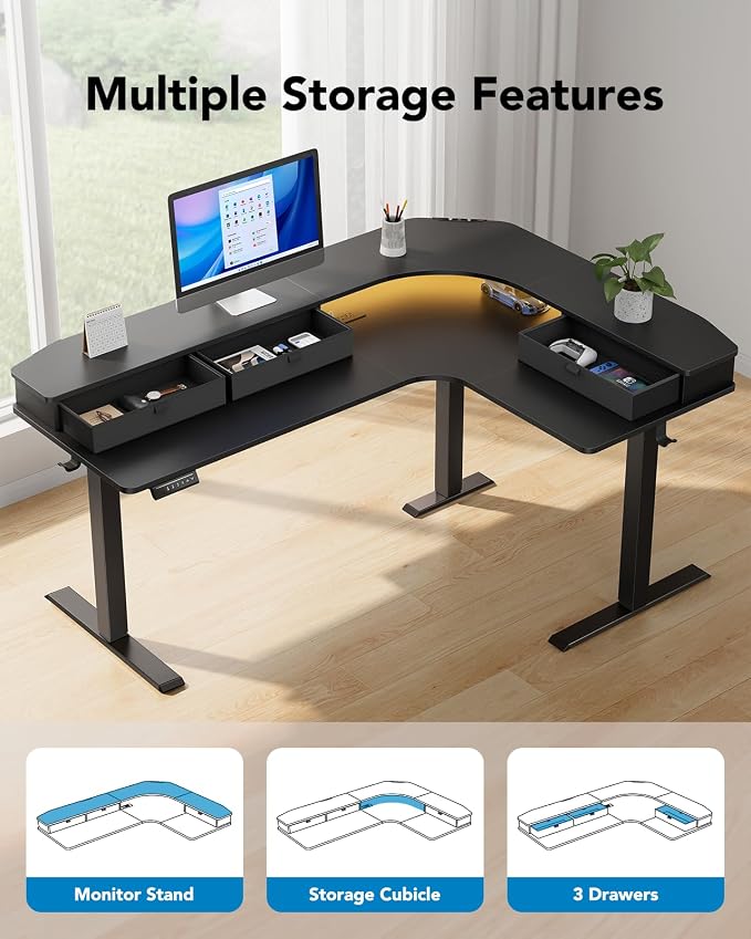 HUANUO 65″ L Shaped Standing Desk with 3 Drawers, Electric Height Adjustable Corner Computer Desk with Power Outlets & LED Strip, Sit Stand Up Desk for Home Office, Black