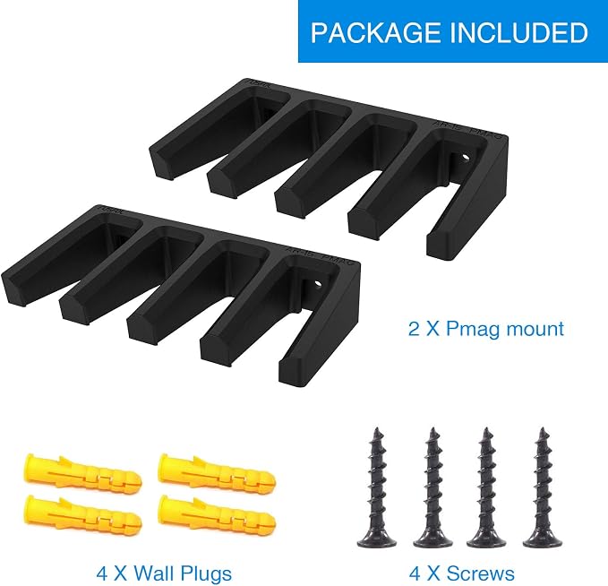 Solid ABS 4-Slot PMAG Wall Mount & Magazine Rack, 2 Pcs | Standard Capacity Mag Holder, Home Tactical Storage, Heavy Duty Display Stand, Room Organizer
