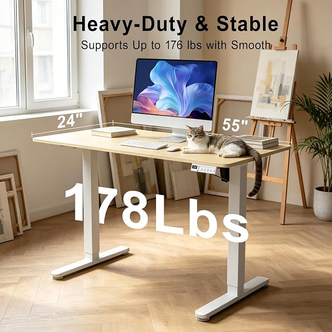 Adjustable Standing Desk, 55x24 Inch Electric Desk with 3 Memory Presets & Child Lock, Ultra-Quiet Motor, Industrial Steel Frame, Adjustable Feet, for Multi-Monitor Setup, Light Walnut