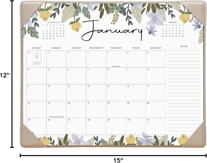 Cabbrix Desk Calendar 2026 with Desktop Mat, Floral Desk Pad Calendar 15 x 12 Inch 18 Months Runs From January 2026 to June 2027, Desk Blotter Calendar for Home School and Office (Floral)