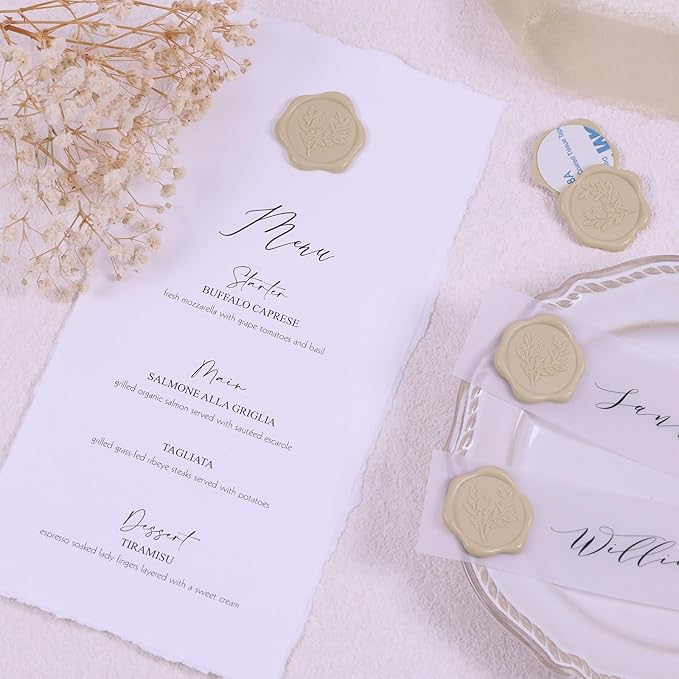 UNIQOOO Wax Seal Stickers - Eucalyptus Wedding Invitation Envelope Seal Stickers, 50 Pcs Self- Adhesive Tan White Sand Stickers, Perfect for Invitation, Christmas, Gift Wrapping, Party