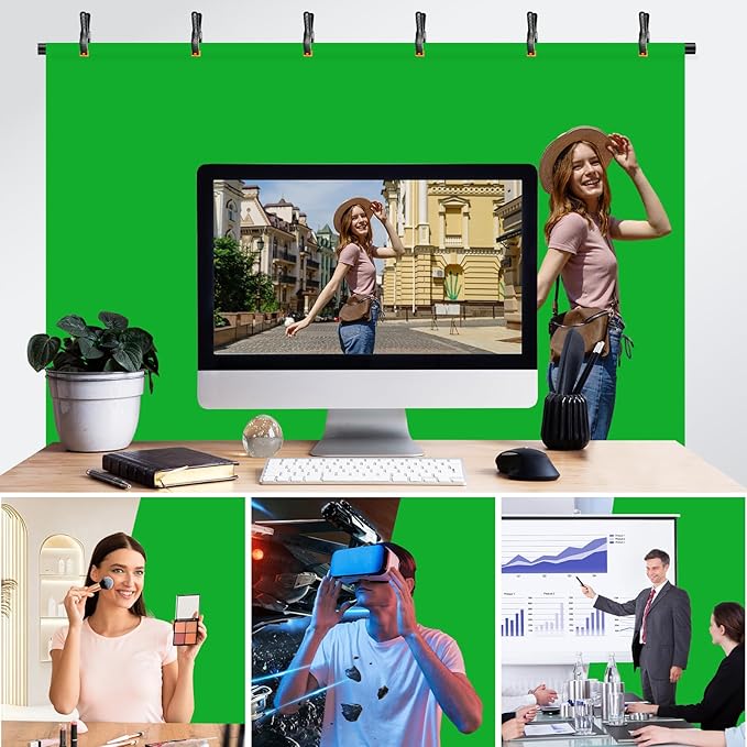 EMART Green Screen Backdrop Kit with Reverse Folding Base, 5x10ft Photo Greenscreen Background with Portable T-Shape Stand and 4 Clamps for Photography, Photoshoot, Studio Video Recording, Streaming