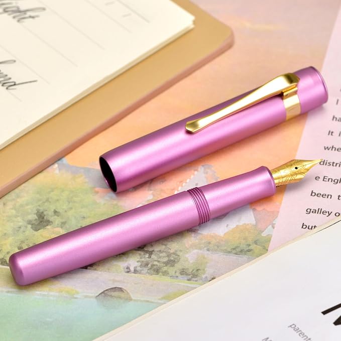 HONG DIAN M2 Mini Fountain Pen with Extra Fine Soft Golden Nib, Sleek Shape Aluminium Short Pocket Travel Pen (Lilac Purple)