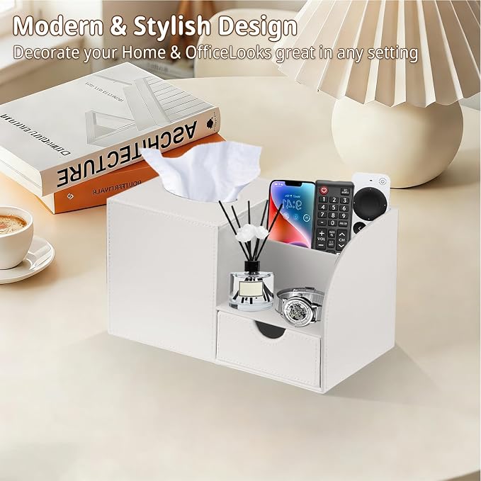 Square Tissue Box Cover with Storage Drawer,Facial Tissues Cube Box Holder | PU Leather Modern Remote Control Holder,Nightstand Organizer Caddy for Bathroom Vanity, Makeup,Office and Home Desktop Decor