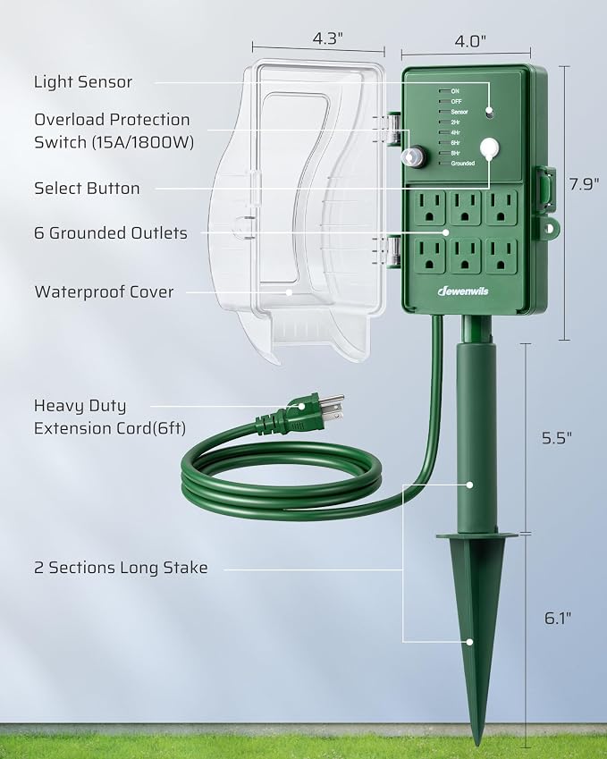 DEWENWILS Outdoor Power Stake Timer, Waterproof Dusk to Dawn Timer with 6 Grounded Outlets, 6FT Extension Cord, 1800W/15A Heavy Duty Outlet for Lights, Yard, Garden, ETL Listed