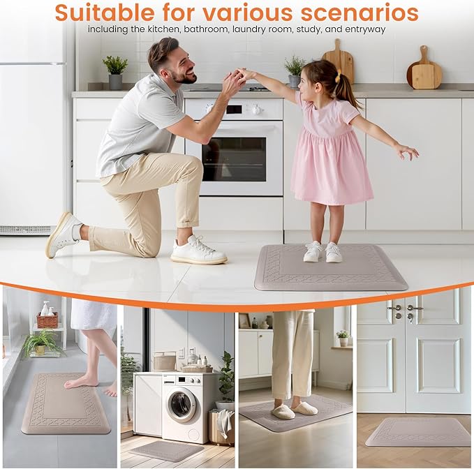 4/5 Inch Thicker Kitchen Mats for Floor Non-Slip Anti Fatigue Comfort Mat Waterproof Kitchen Rug for Sink, Office,Home Stain Resistant Standing Desk Rugs-17.3"x 28", Khaki