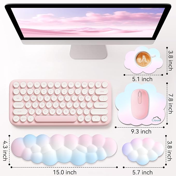 Sushret Cloud Wrist Rest for Computer Keyboard, 4-in-1 Memory Foam Leather Cloud Keyboard Wrist Rest and Mouse Pad Set with Ergonomic Support for Arm and Palm Cushion, Gaming/Work Setup, Rainbow