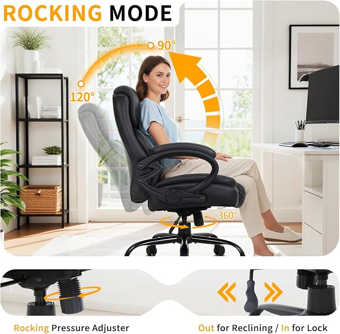 BestOffice Big and Tall Heavy Duty Office Chair 400lbs Wide Seat Ergonomic Computer Desk Chair with Arms and Lumbar Support High Back PU Leather Executive Task Computer Chair for Back Pain, Black