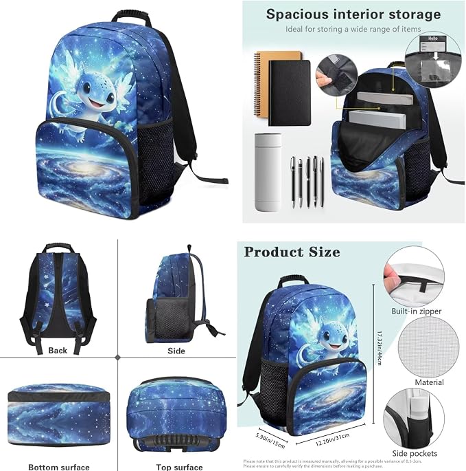 Ystardream Space Axolotl Backpack for Girls Elementary Backpack With Lunch Box 17 Inch Kids School Bookbag with Big Front Pocket Cute Laptop Rucksack with Pencil Case Students Back to School Gift