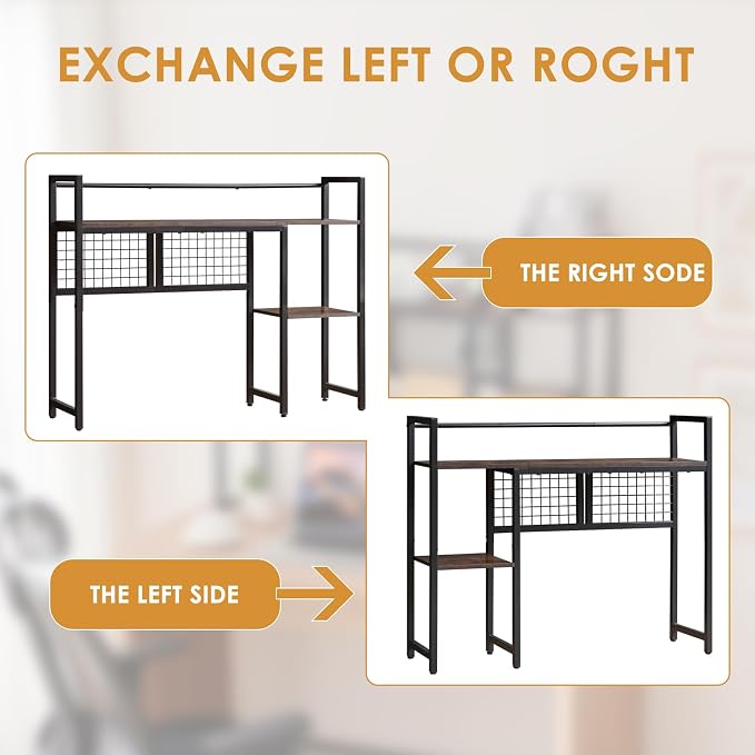 4-Tier Desk Hutch Shelf with Grid Panel, 39” Desktop Bookshelf for Monitor, Office & Home (Rustic Brown, 39")