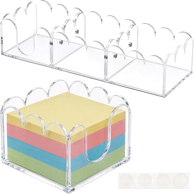3Pcs Scalloped Acrylic Sticky Note Holder,Clear Sticky Notes Dispenser 3x3 Thick Post it Notes Memo Pad Holder Non-Slip Desk Organizer for Office Home School Dorm Desktop