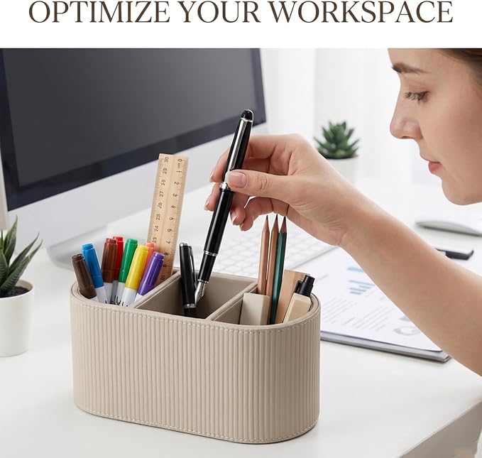 Elegant PU Leather 3-Compartment Desktop Organizer - Stylish Pen Holder & Stationery Storage Box with Vertical Texture, Creamy Beige for Home Office