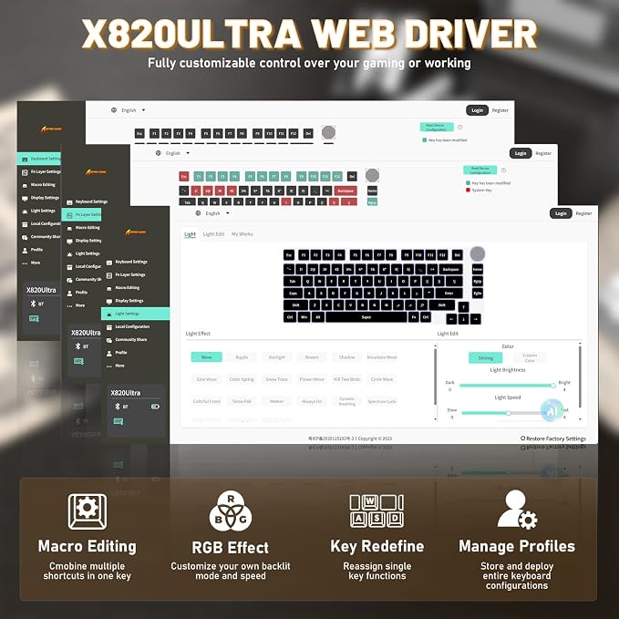 Attack Shark X820Ultra Wireless 75% Mechanical Gaming Keyboard with Screen & Knob Hot Swappable 2.4GHz/BT/Wired RGB Backlit Gasket Mount Side Print PBT Keycap QMK Web Driver Gift Switch-Moonnight