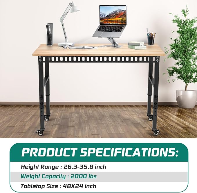 OLBRUS 48 "Adjustable Wheels Workbench, Heavy Duty 2000 LBS Load Capacity Hardwood Workbench Suitable for Workshop, Office, Garage, Home (Metal Wheels丨No Power Outlets 48"x24")