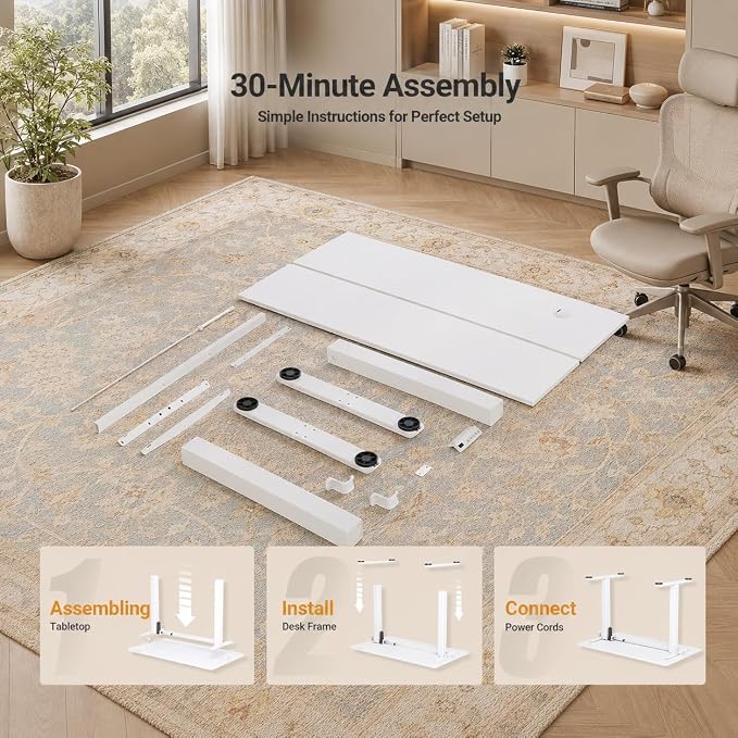 Claiks Electric Standing Desk 55x24 Inch Adjustable Desk, White | 156lbs weight capacity, 3 memory presets, industrial steel frame, cable management hub, adjustable height , easy assembly