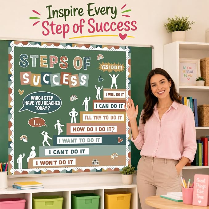 Motivational Bulletin Board Decorations Set Back to School Positive Classroom Decor Steps of Success Paper Cutouts Educational Sayings Accents for School Door Wall Chalkboard Decor Supplies (Boho)