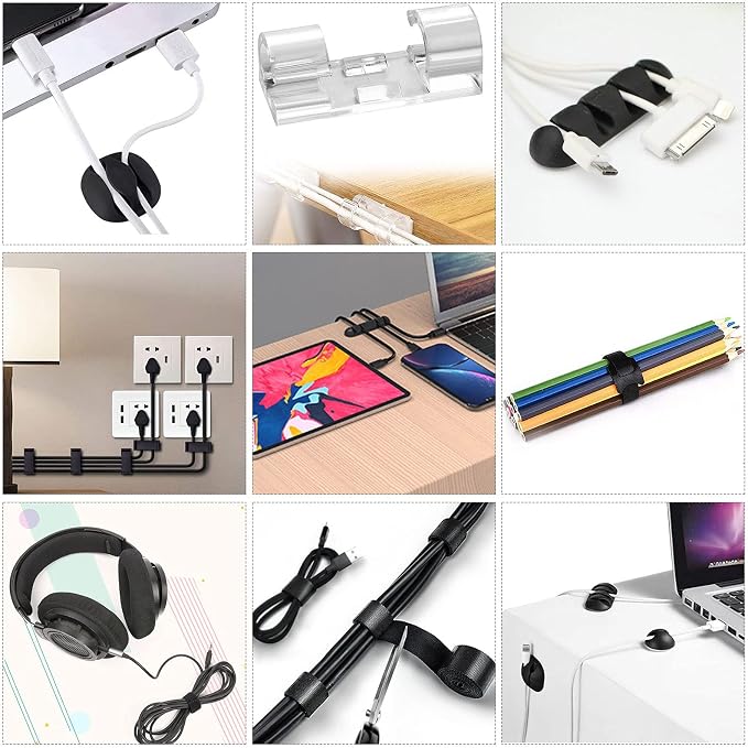 Cord Management Organizer Kit 4 Cable Sleeve split 192PCS Cable Management | 41Self Adhesive Cable Clips Holder, 10pcs and 2 Roll Self Adhesive tie ,100 Fastening Cable Ties, for TV Office Car Desk Home
