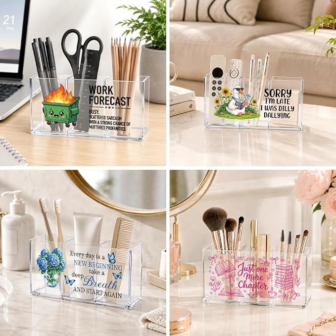 Sorry I’m Late I Was Dilly Dallying Goose Acrylic Pencil Makeup Brush Holder 3 Compartments, Goose Lovers Clear Desktop Storage Holder for Office School Home, Work Desk Accessories Gifts