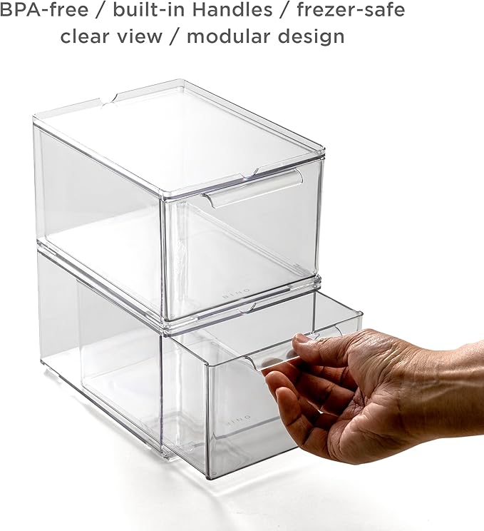 BINO | Clear Stackable Storage Drawers, Medium - 2 Pack | Clear Storage Drawers with Built-In Handles | Durable Plastic Organizer Drawer | Modular Stackable Drawer Acrylic Organizer