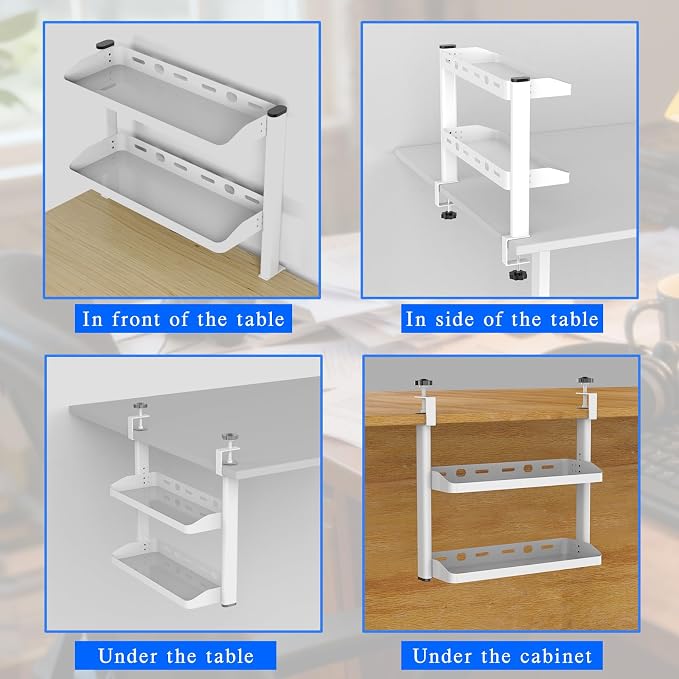 Clamp on Desk Shelf White, 2-Tier Office Desk Shelves Organizer, 17in Small Shelf for Top of Desk with Headphone Holder, Hooks, Desktop Storage Rack for Home Workspace, Study Rooms, Gaming Accessories