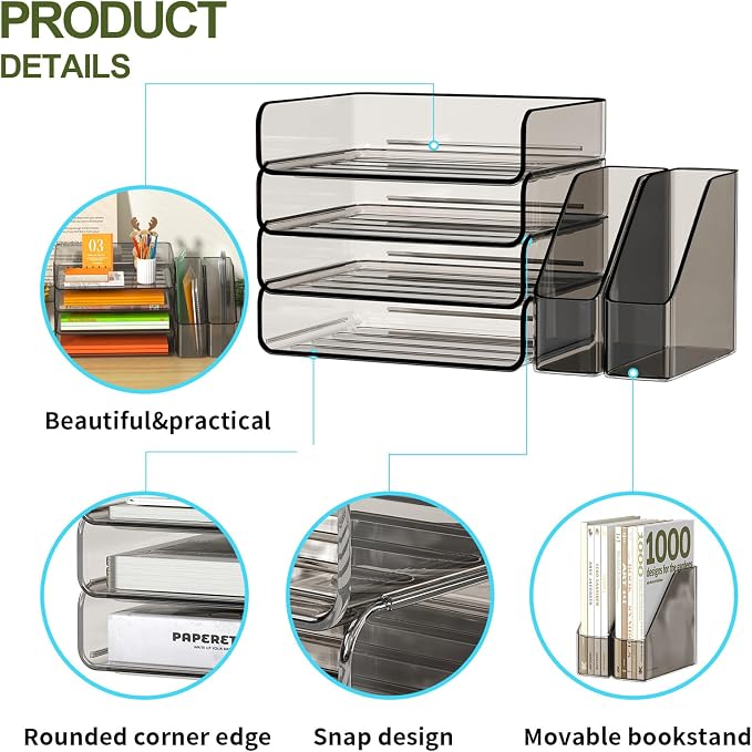FANXIYQ 4-Tier Brown Acrylic Paper Tray Organizer with 2 Bookends | Tool-Free Stackable 1-4 Tier Design with 2 Bookends for Files, Folders and A4 Paper; For School, Home Office and Study Room