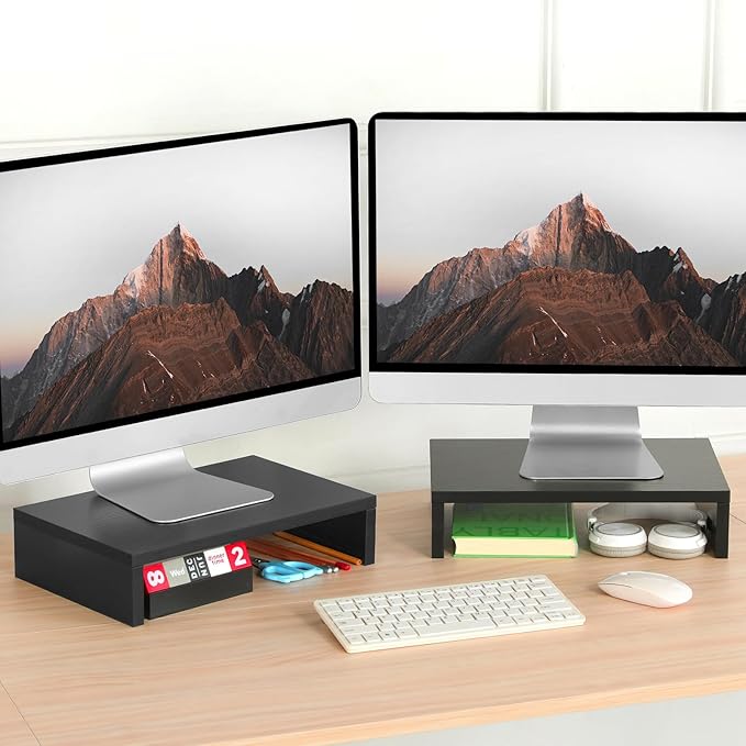 TEAMIX 2-Pack Wood Monitor Stand Riser for Desk , Black | Dual Stand for 2 monitors. Holds 80 lbs, Stack or Separate Adjustable Use, Fits laptop, TV, PC. For Home Office, Gaming