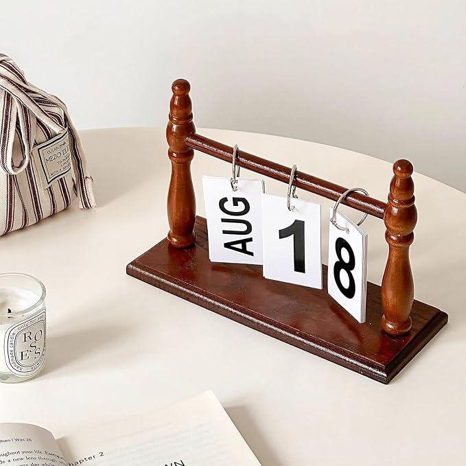 Wooden Perpetual Desk Calendar - Vintage Rustic Flip Calendar with Metal Rings & Reusable Daily Date Cards(Dark Brown)