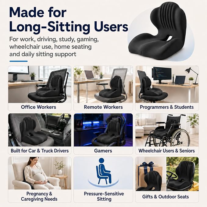 2-in-1 Ergonomic Seat Cushion with Lumbar Support, L-Shaped Memory Foam Chair Cushion with Hollow Center, Five-Zone Sitting Support for Office Chair, Car, Truck, Gaming, Wheelchair, Long Sitting