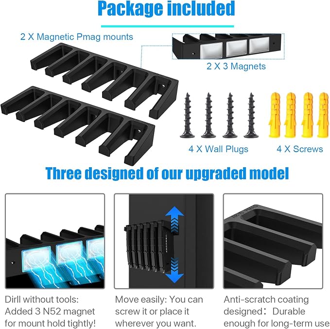 Upgraded Magnetic PMAG Wall Mount & Magazine Rack, 2 Pcs | Standard Capacity Mag Holder, Home Tactical Storage, Heavy Duty Display Stand, Room Organizer