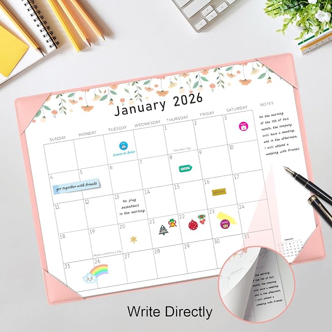 Gannyfer Desk Calendar 2026-2027 with Desktop Mat, Large 22" x 17" Desk Pad Calendar, 18-Month Calendar July 2026-Dec 2027, Office Supplies for Home School Office, Pink with 6 Stickers