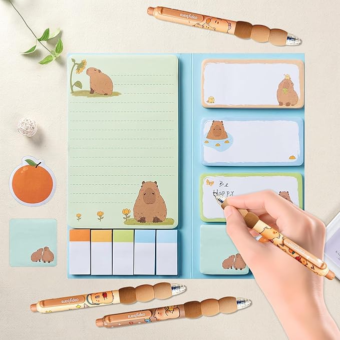 Capybara Gifts, Cute Capybara Stationery Set, Kawaii Sticky Notes Kit, 4 Erasable Gel Pens, Girls Christmas Gifts Back to School Supplies Office Small Gift for Women Birthday