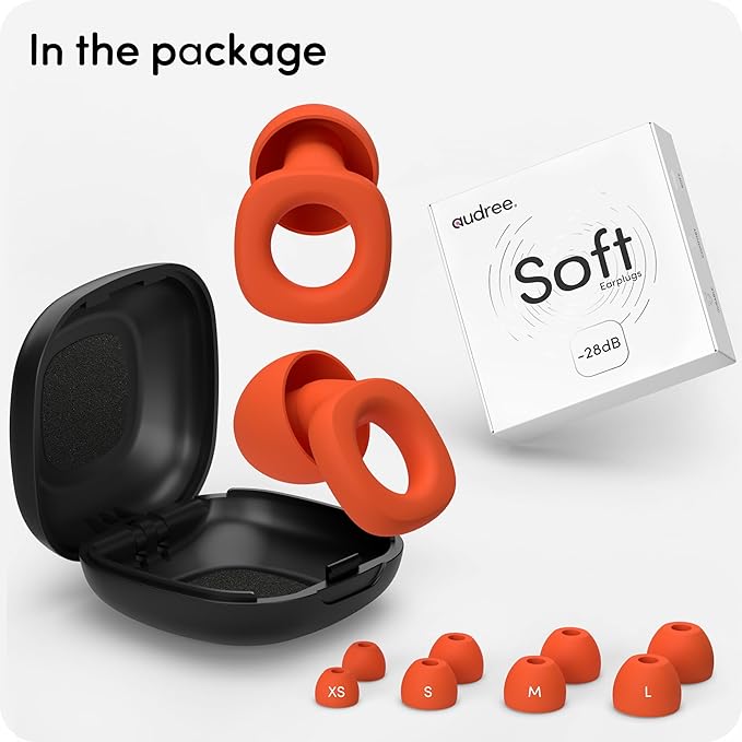 Audree Soft Ear Plugs for Noise Reduction, Reusable Flexible Earplugs for Sleep, Travelling, Focus, Study & Sensitivity, 28dB Noise Cancelling, 8 Silicone Ear Tips in XS/S/M/L, Orange