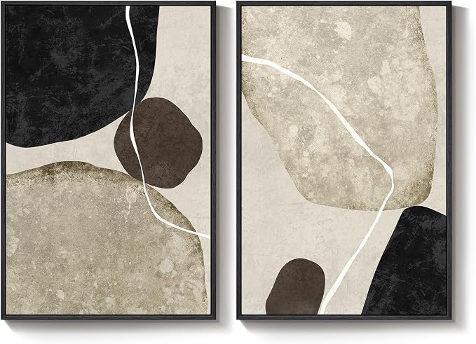 Large Framed Neutral Abstract Wall Art Set of 2, Modern Black Beige Brown Canvas Prints Paintings Artwork for Walls, Minimalist Stone Shape Pictures for Living Room Dining Bedroom Wall Decor 24x36 In