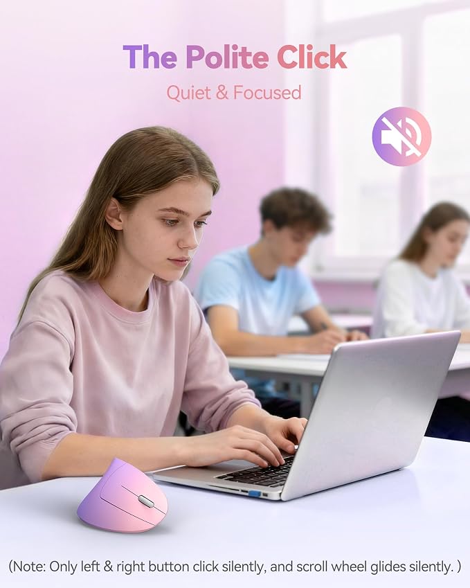 TECKNET 2.4G Ergonomic Mouse Vertical Wireless 4800 DPI Carpal Tunnel Mouse | 5 Adjustable DPI, Optical Tracking, 12 Months Battery, Quiet, 6 Buttons for Laptop, PC, Computer, Right Hand, Pink Purple