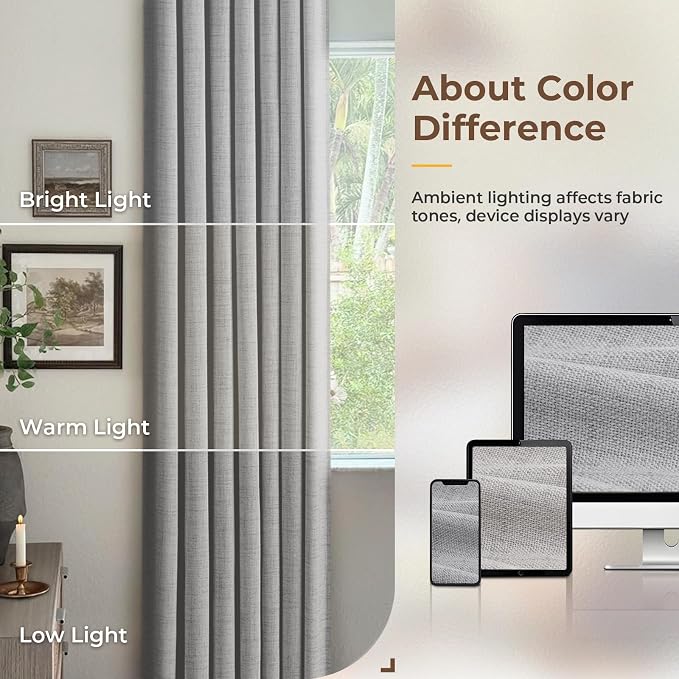INOVADAY 100% Blackout Curtains for Bedroom, Grey Black Out Curtains 84 Inch Long, Clip Rings Linen Blackout Drapes, Thermal Insulated Room Darkening for Living Room, 2 Panels - W50xL84