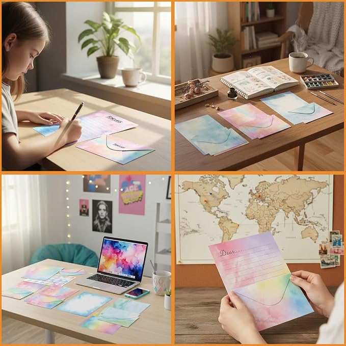 FUNCLASS 160 Pcs Stationery Set Letter and Envelopes – 50 Lined Stationery Paper and 50 Matching Envelopes, 5.5 x 8.25 Inches Letter Writing Stationery for Home, Office, School (watercolor-A)