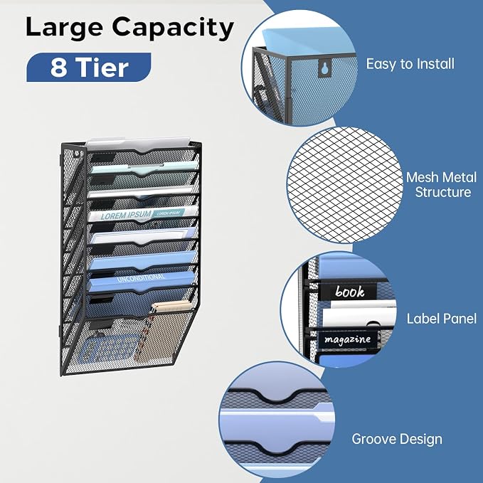 8 Tier Wall Hanging File Organizer, Paper Folder Holder Wall Mounted, Metal Mail Sorter for Office Home School, Black