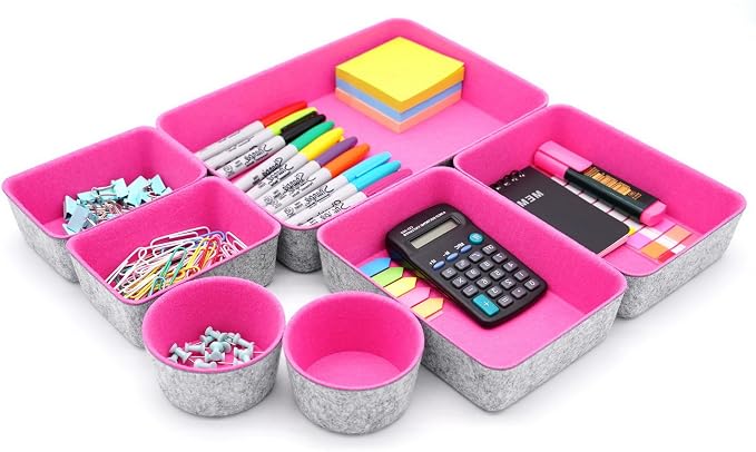 Drawer organizer bins felt tray desk storage dividers 7pc Hot pink