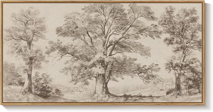 Framed Vintage Landscape Canvas Wall Art for Living Room, Extra Large Horizontal Rustic Tree Botanical Picture Prints Paintings, Neutral Wabi Sabi Artwork Decor for Bedroom Entryway 60x30 Inch