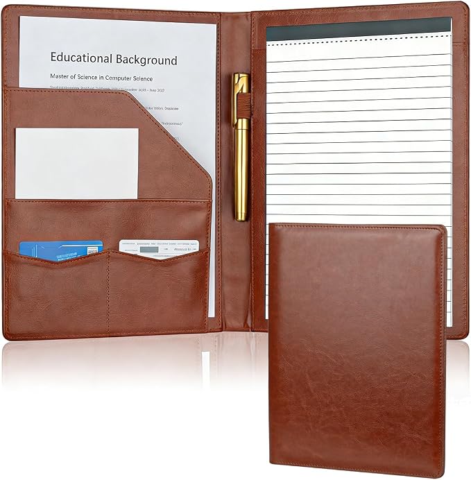 Padfolio Portfolio Binder, Faux Leather Folder, Resume Interview Legal Document Organizer, Letter Sized Writing Pad w/Business Card Holder, A4 Professional Folio for Office Conference (Brown)
