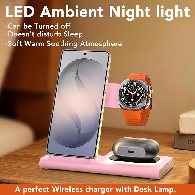 Wireless Charger for Samsung Charger (Foldable & Nightlight),3 in 1 Charging Station for Samsung S26 Ultra/S25/S24/S23/S22/Note20 Z Fold Flip7, Travel Charger for Galaxy Watch 8/7/6/5/4/3/Galaxy Buds4
