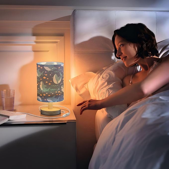 Table Lamp Marine Shark Fish Bubble Pattern Nightstand Lamp with Wood Base Fabric Lamp Shade Bedside Desk Lamp for Living Room Bedroom Kids Room Office