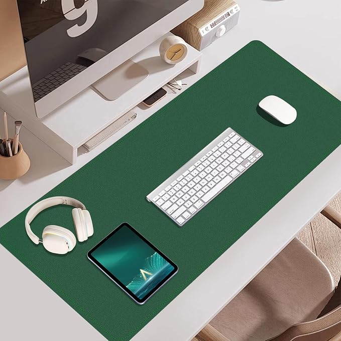 Non Slip Desk Mat, 31.5" x 15.7" PU Leather Desk Pad, Cork Desk Mat for Desktop, Desk Pad for Keyboard and Mouse, Ideal for Office and Home, Dark Green