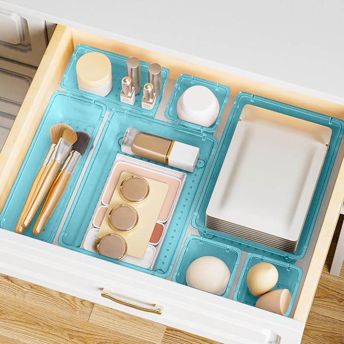 SpaceHacks 15 PCS Clear Plastic Drawer Organizer Set, 4-Size Acrylic Drawer Storage Trays, Storage Bins for Makeup, Gadgets, and Jewelry in Bathroom, Bedroom and Office, Clear Sea Blue
