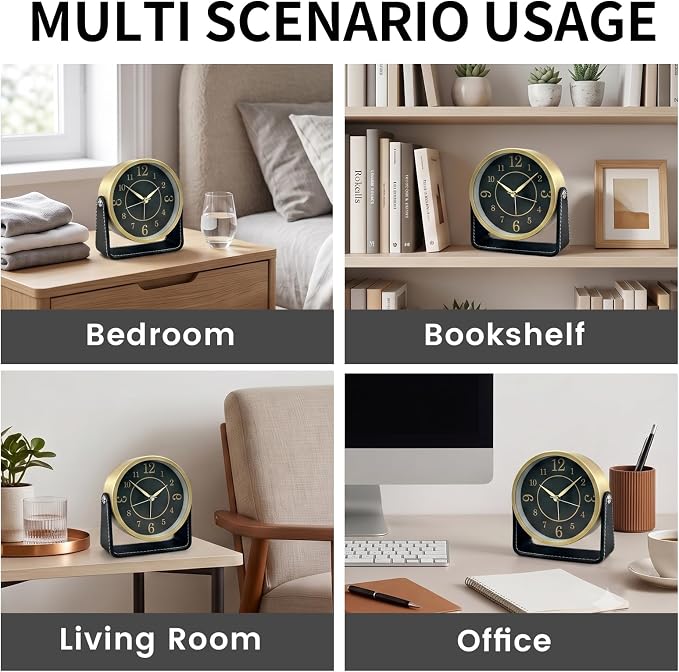 Analog Alarm Clock - 4.5" Silent Non Ticking Small Clock with Light, Rotatable Stand Metal Desk Clock Battery Operated, Simple Design for Living Room Decor/ Bedroom/Bedside/Shelf (Gold & Black)